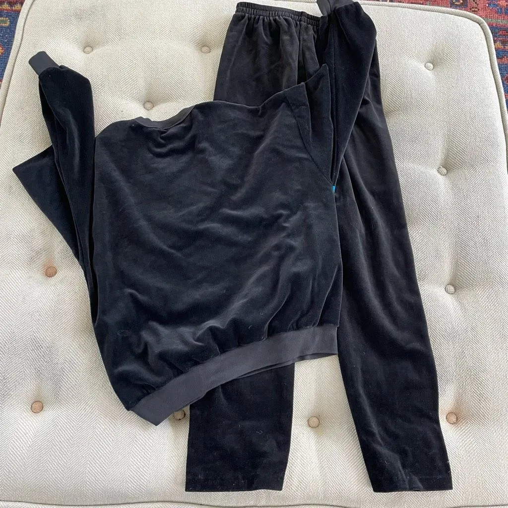Vintage 80s Cherry Hill Abstract Velour Track Suit Sweatshirt Pants Set Black Bl Size M - Image 2