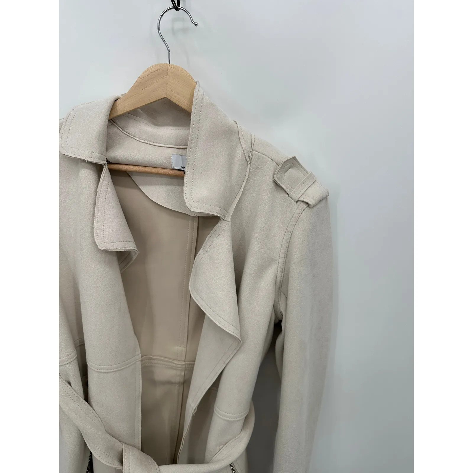 Magaschoni Cream Nude Suede Trench‎ Coat Women Small Open Front Belted - Image 6