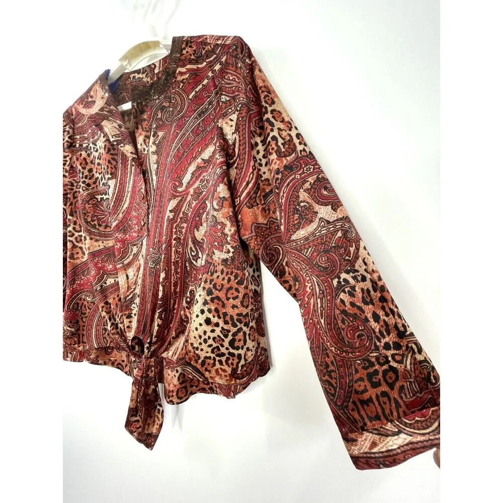CHICOS Paisley Satin Sequin Neck Blouse Size 2 US 12 Tie Hem Blouse Top Dressy - Image 4
