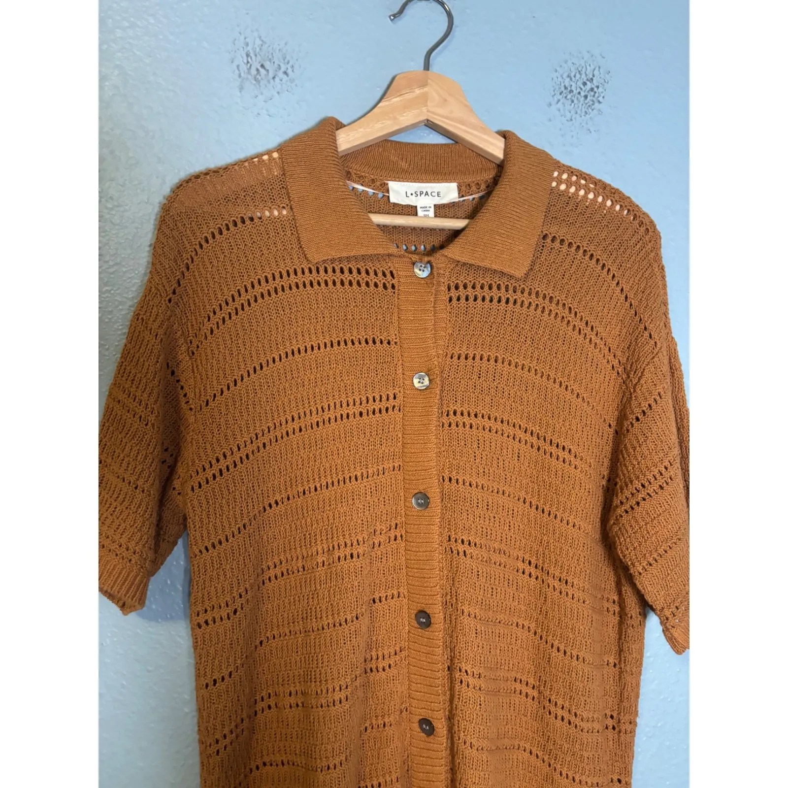 L Space Marbella Knit Short Sleeve Oversized Swim Cover Polo Brown Size Small - Image 5