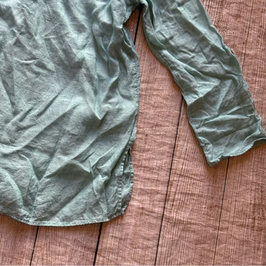 Tahari 100% Linen Button up Shirt Roll Tab Sleeve Teal Blue Women's Size 1X - Image 11