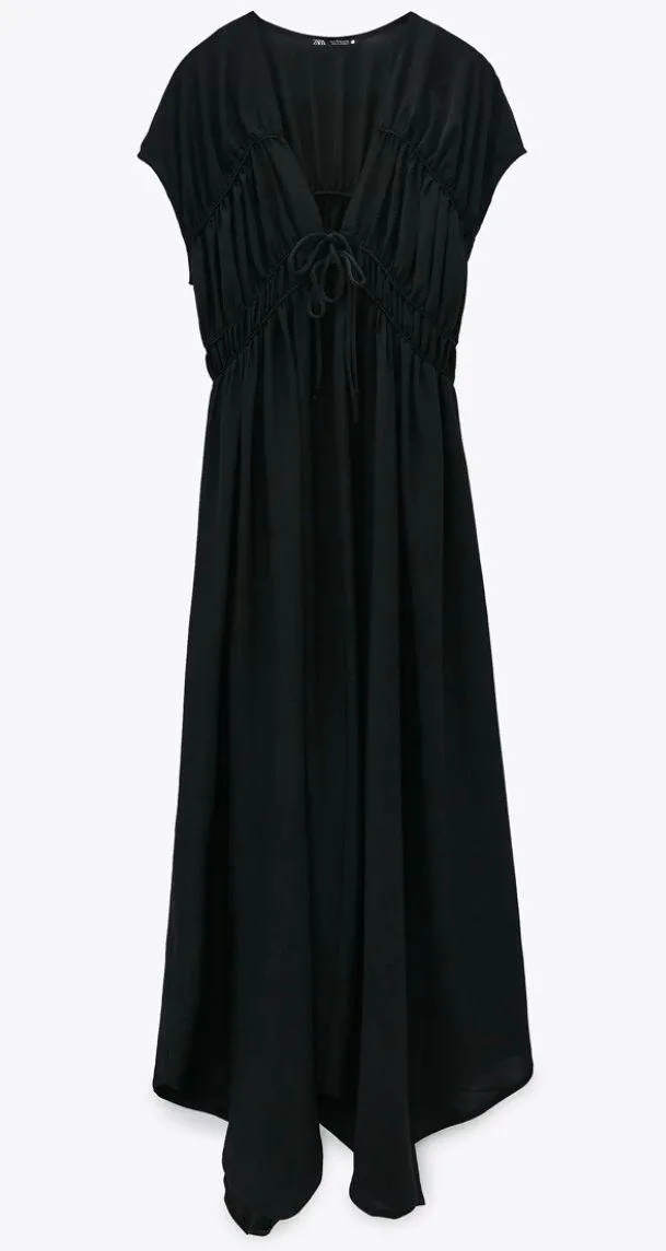 NWT  Black Long Dress W Front Ties & Ruching - Image 2