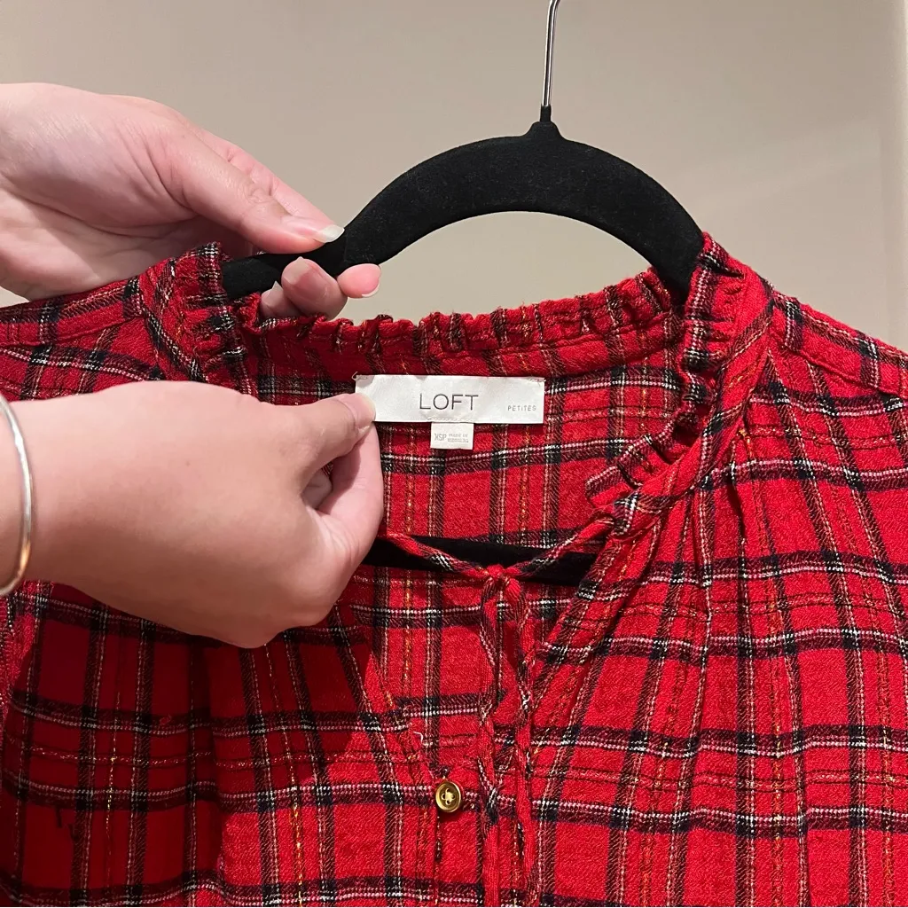 LOFT Red Plaid Long Sleeve Dress - Image 3