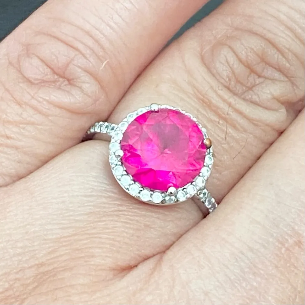 925 Sterling Pink Sapphire CZ Rhinestones Ring Size 6 - Image 2