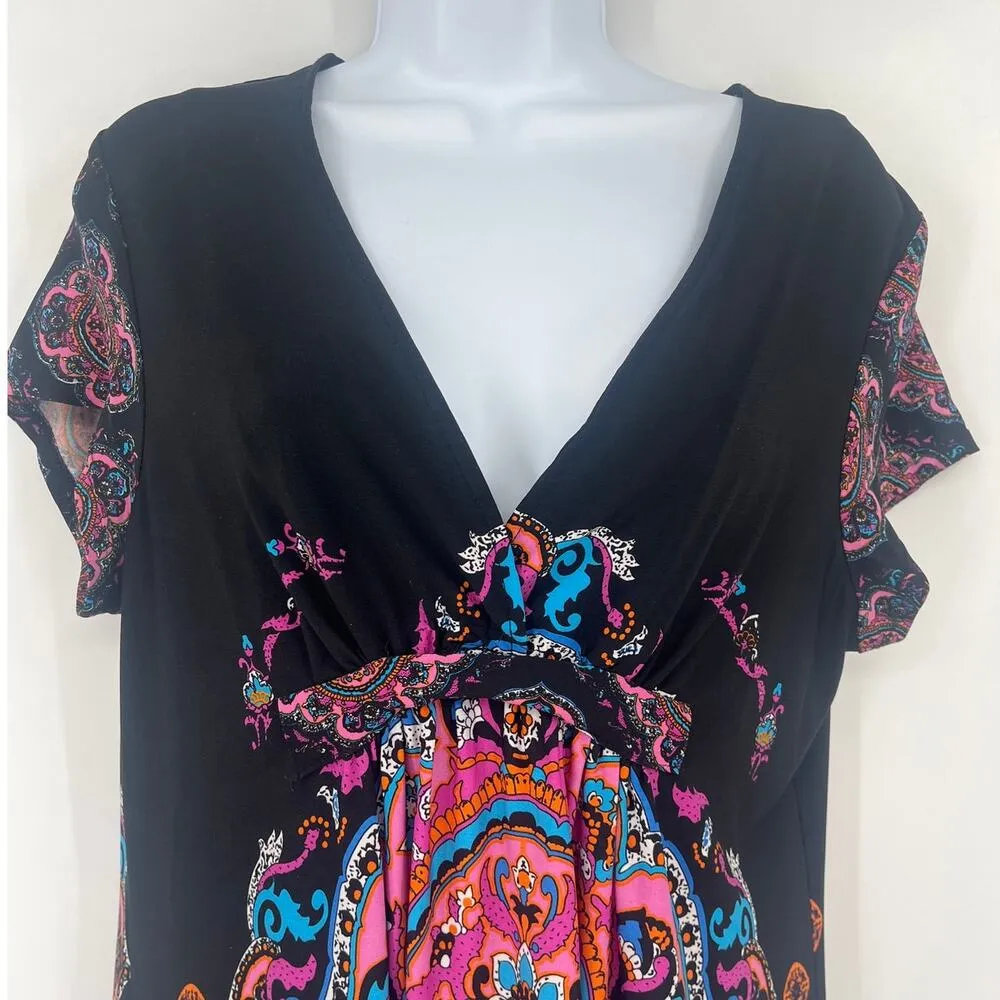 Snap Y2K Babydoll Dress Sz L Paisley Boho Festival Hippie Retro Stretchy Artsy Black Size L - Image 2