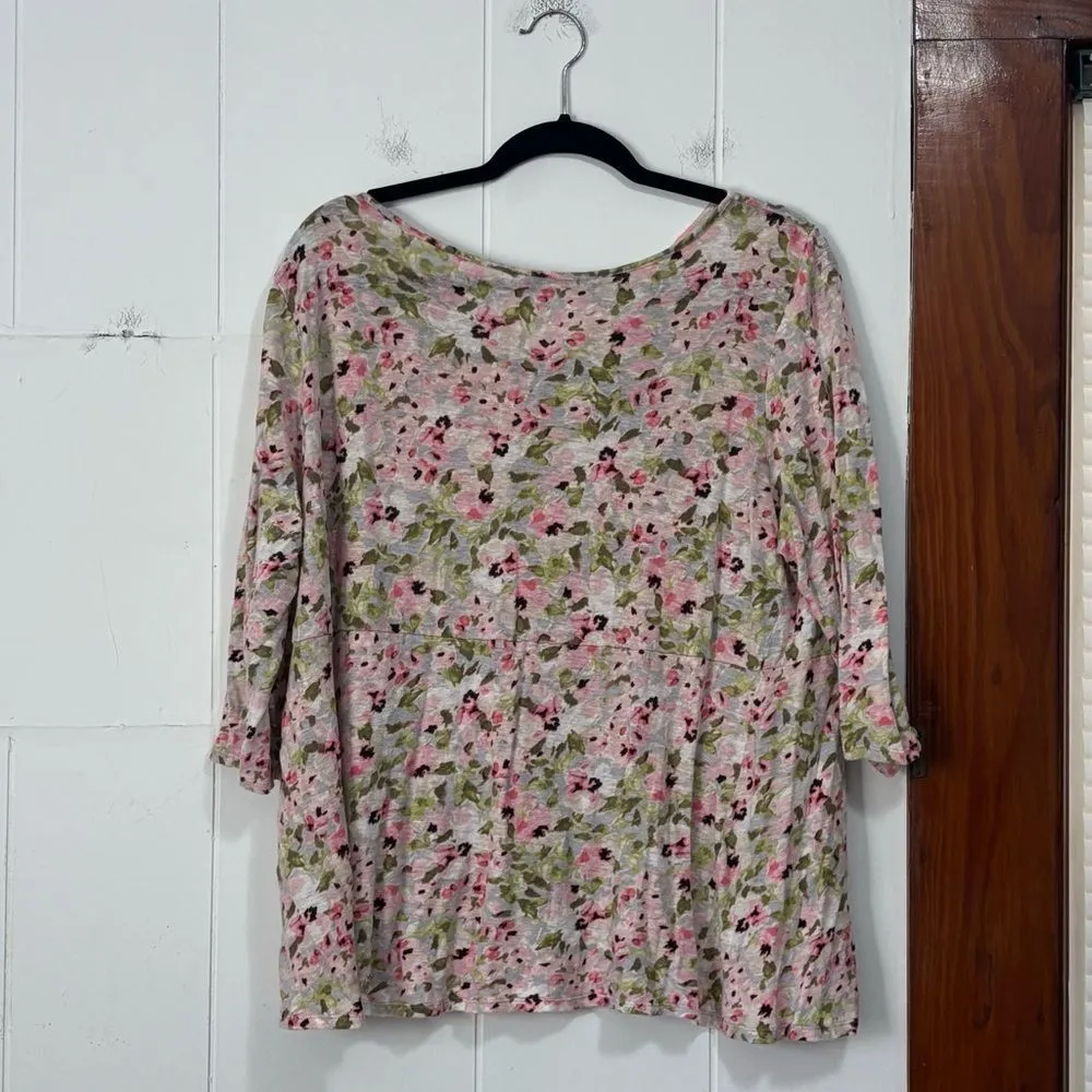 J. Jill Love Linen‎ Springtime Floral Keyhole Tie Back Tunic Blouse Top Large Pink - Image 3