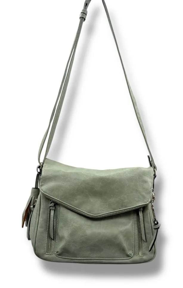 Sage Green Faux Leather Crossbody Bag Women’s Adjustable Strap Tassel Pocket - Image 1