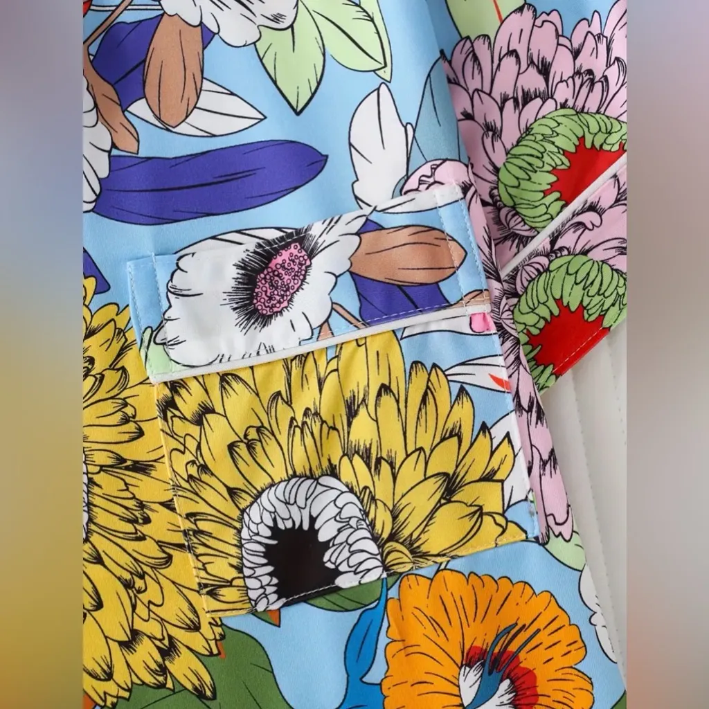 Bright Floral Pajama Set – Short Sleeve Button Top + Shorts – Size XL Blue - Image 4