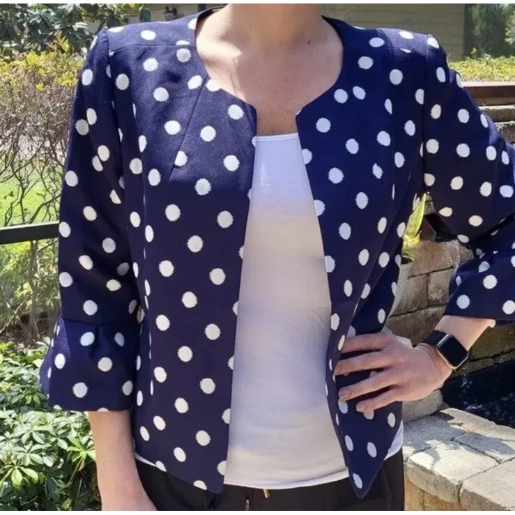 EUC Anne Klein Women's Cropped‎ Polka Dot Jacket Navy/White  Bell Sleeves-Size M - Image 5