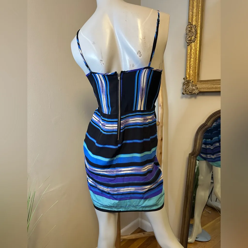 Yumi Kim 100% Silk Faux Wrap Mini Dress Stripe Black Blue White Purple Size L - Image 3