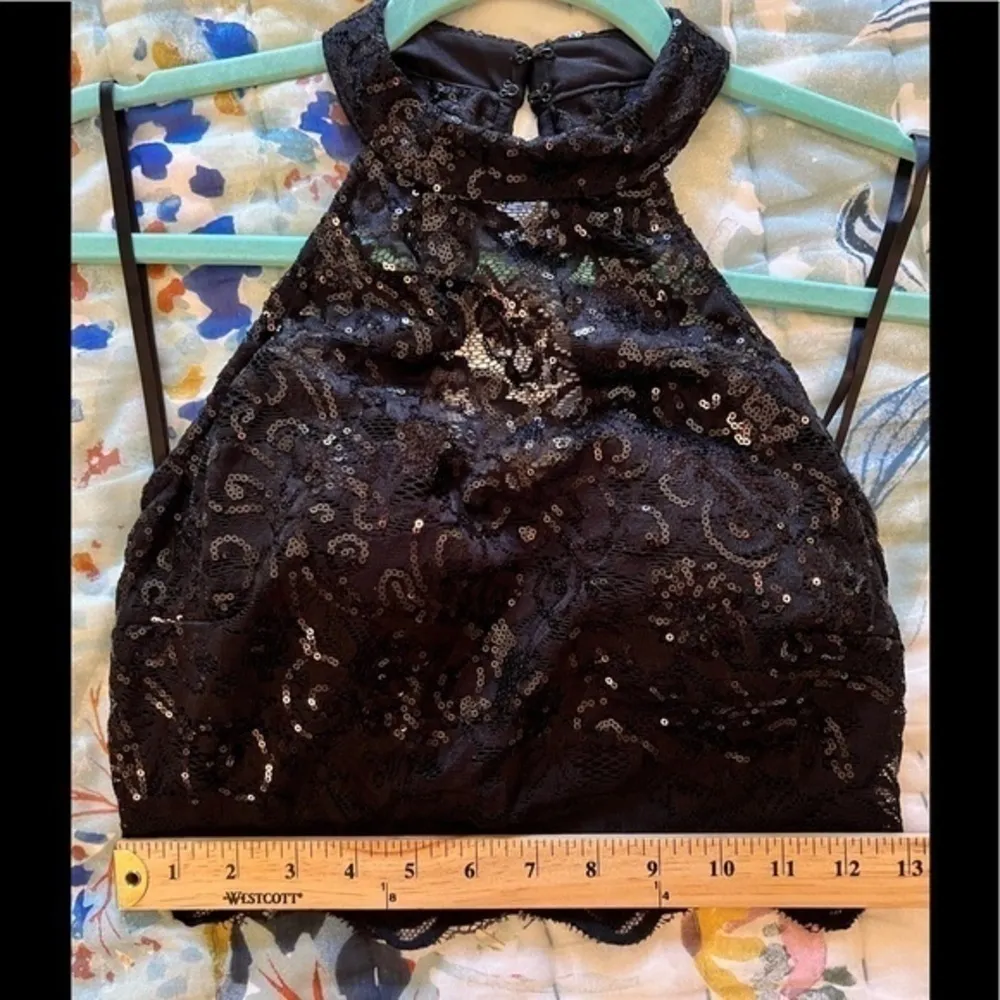 CITY STUDIO 3 Lace Sequin Halter Crop Top Tank Black Size undefined - Image 10