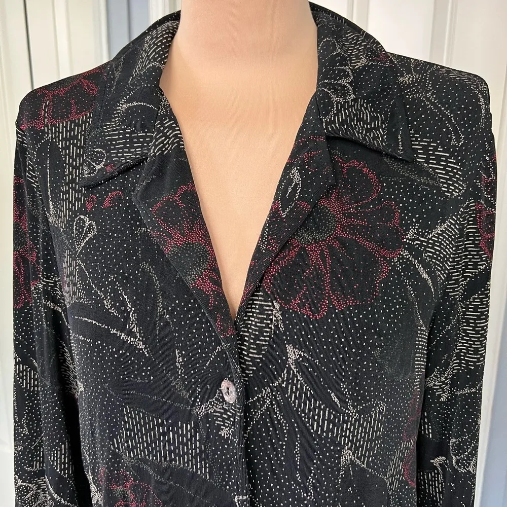 Vintage Softwear by Mark Singer Black‎ Floral Slinky Knit Button Up Shirt Retro Black Size L - Image 2