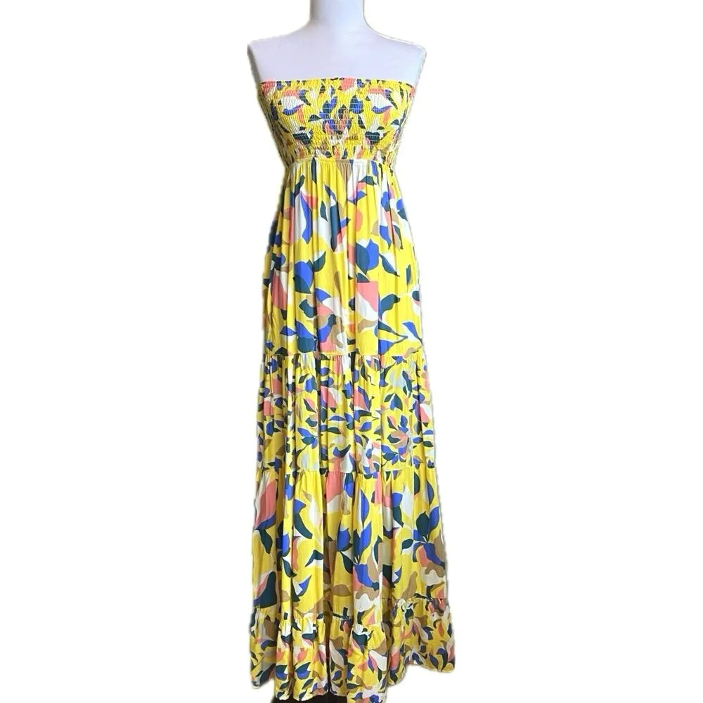 NEW MAAJI Strapless Long Smocked Tiered Maxi Dress Floral Sunshine Print Size M - Image 2