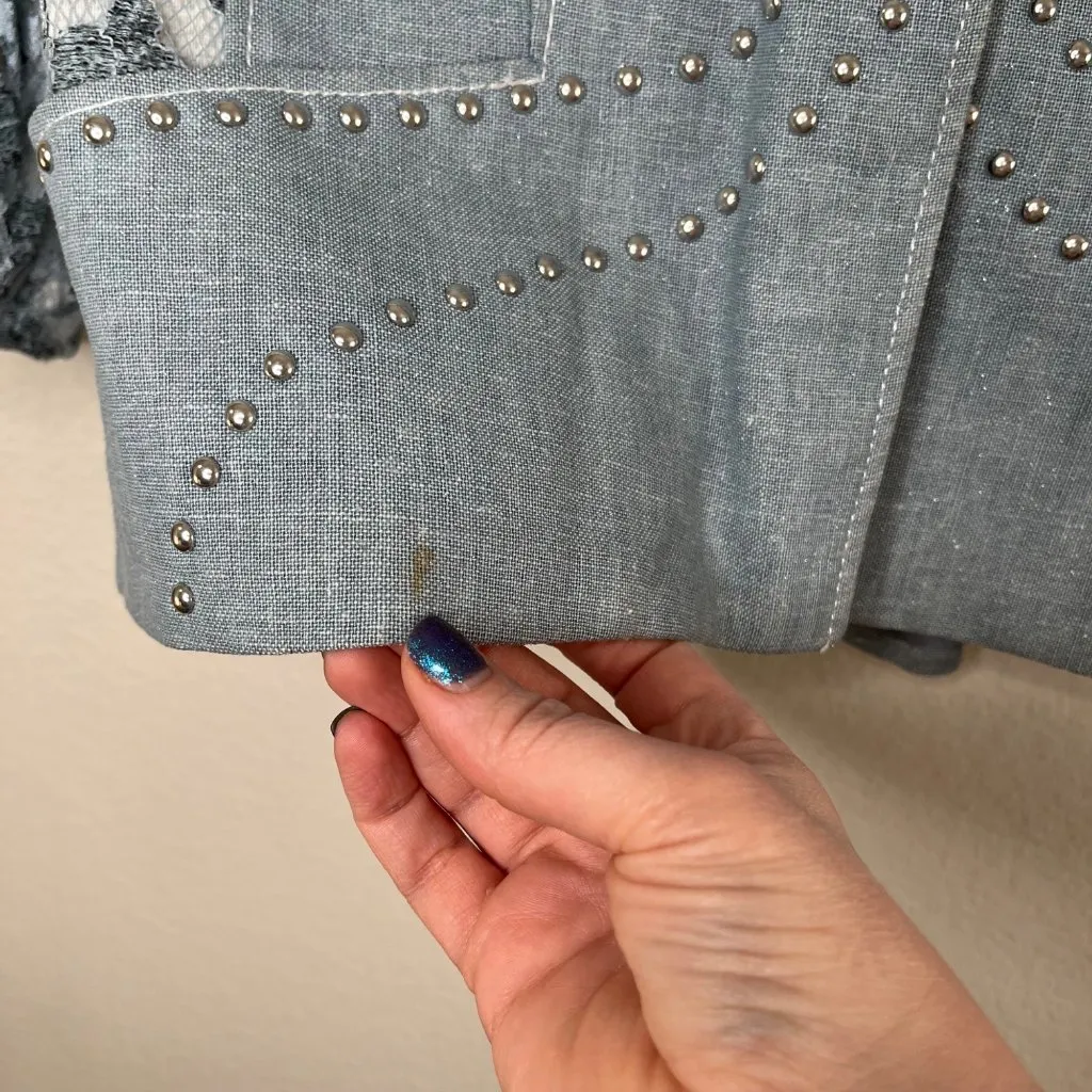 Alberto Makali Blue Studded Linen-Blend Country Western Blazer Lace Sleeves 8 - Image 7