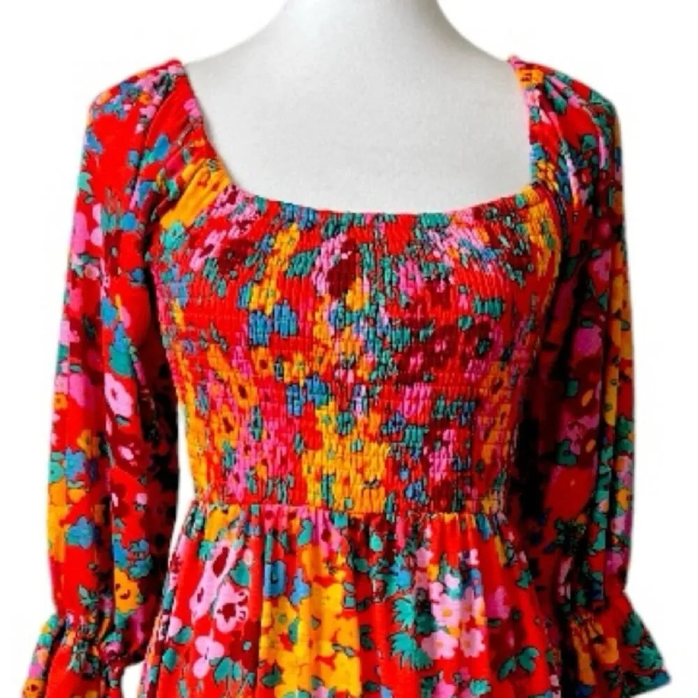 SugarLips Midi Dress Smocked Top Ruffle Sleeves Red Multi Women’s Size Small - Image 5