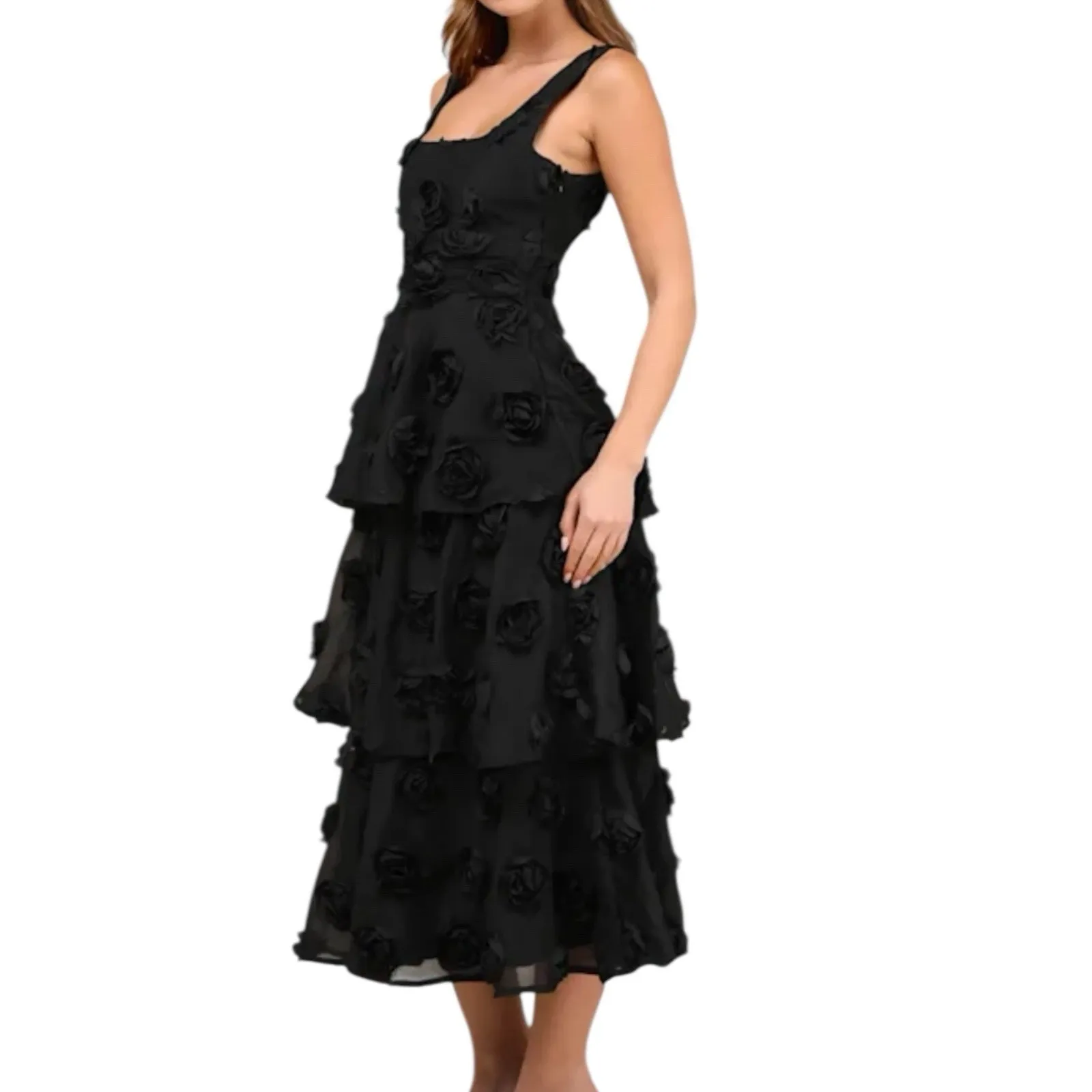 NWOT Lulus Exceptional Entrance Black Sleeveless Tiered Rosette Midi Dress Small - Image 2
