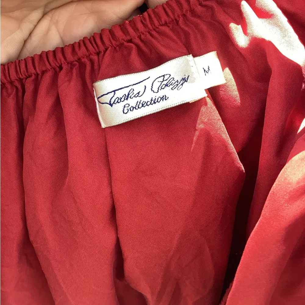 NWT Red Silk Ruffled Long Sleeve Blouse with Black Floral Embroidery (flaws) Size M - Image 9