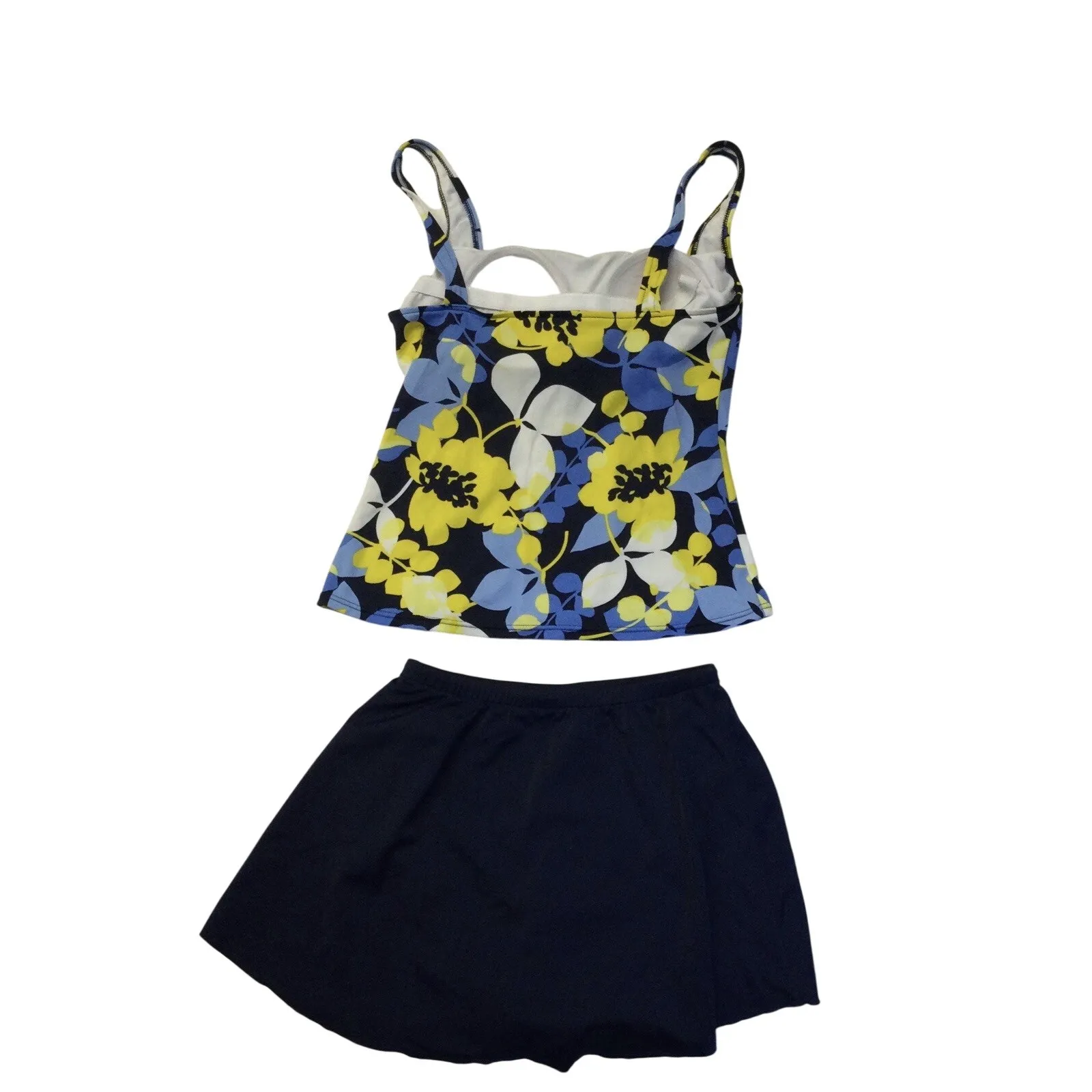 Caribbean Joe 2 Piece Swimsuit Floral‎ Top Skirt Bottom Solid Color Navy Sz Sm - Image 2