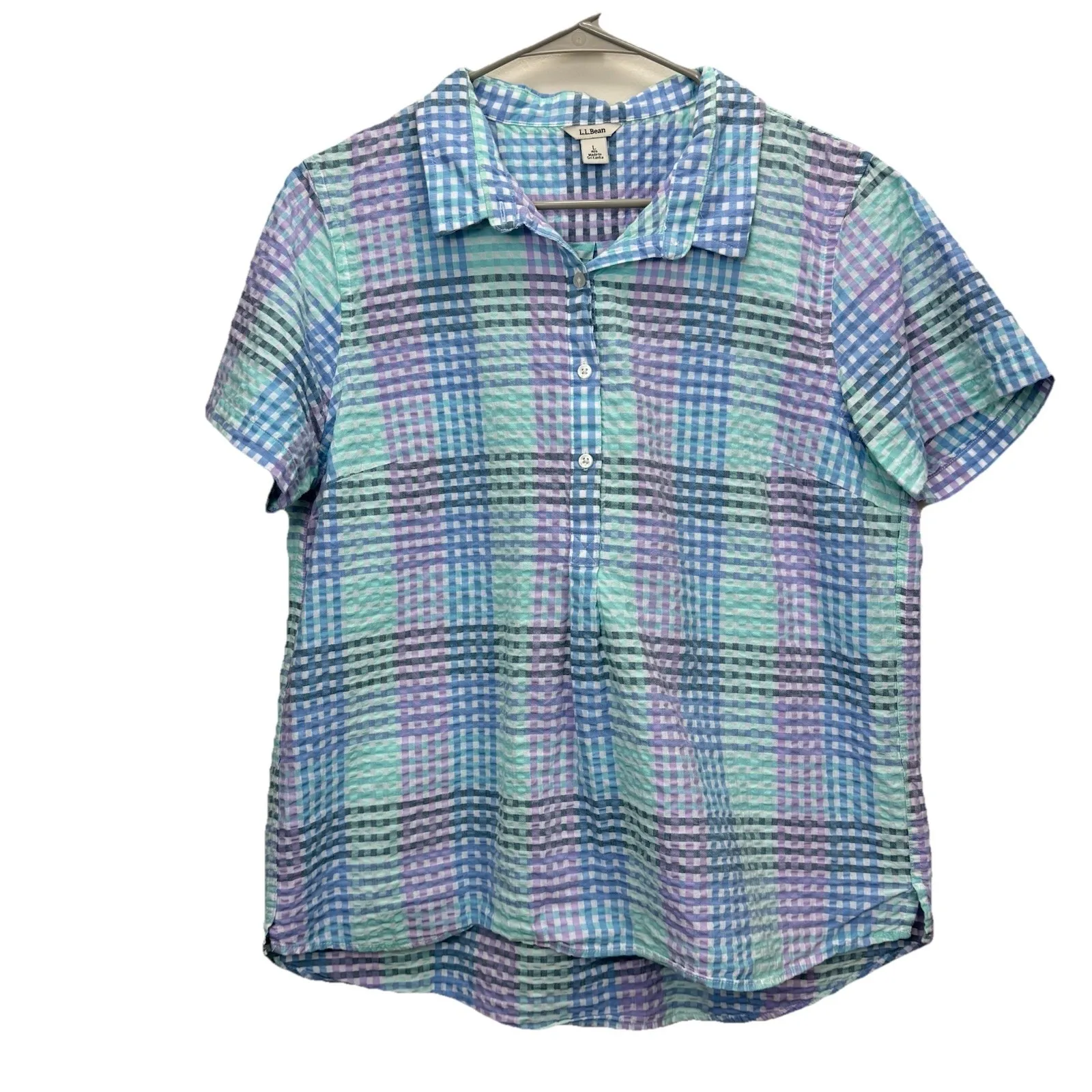 LL Bean Vacationland Seersucker Short Sleeve Popover Plaid Shirt Size LARGE - Image 2