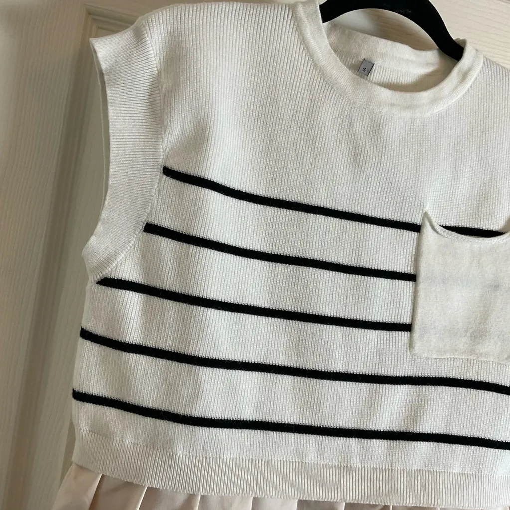 Womens Dresses Striped Knit Top Pleated Loose Swing Mini Short Sleeve Dress S White - Image 5