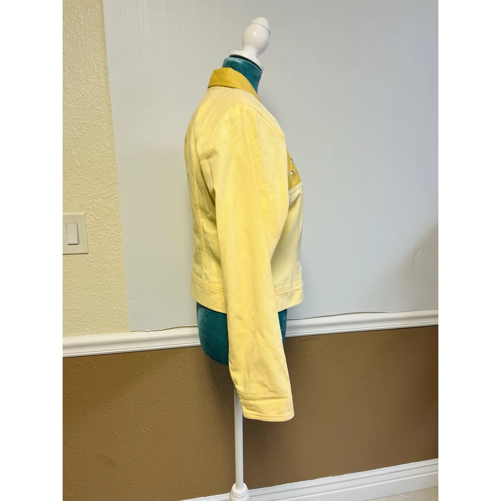 Vintage Cache Isabella Sole Y2K Jacket Yellow White Leather Size S - Image 4