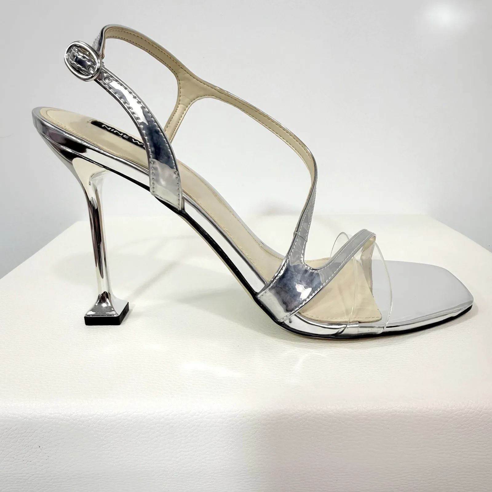 Nine West Heels Pumps Silver Faux Leather Stiletto Open Toe Wo's Size 10 - Image 2