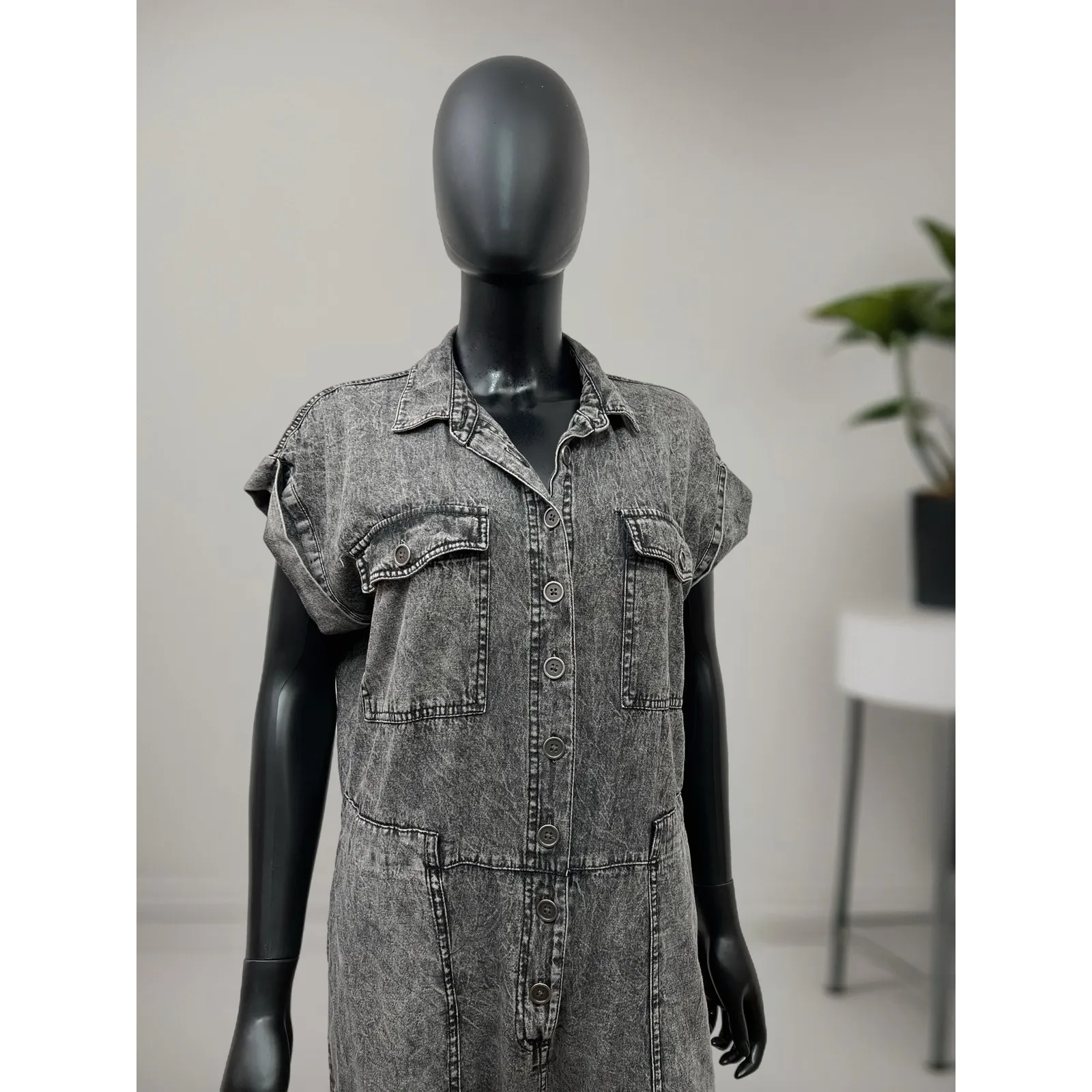 Given Kale Black Acid Wash Jumpsuit L 100% Cotton Utility‎ Style Gray Size L - Image 2