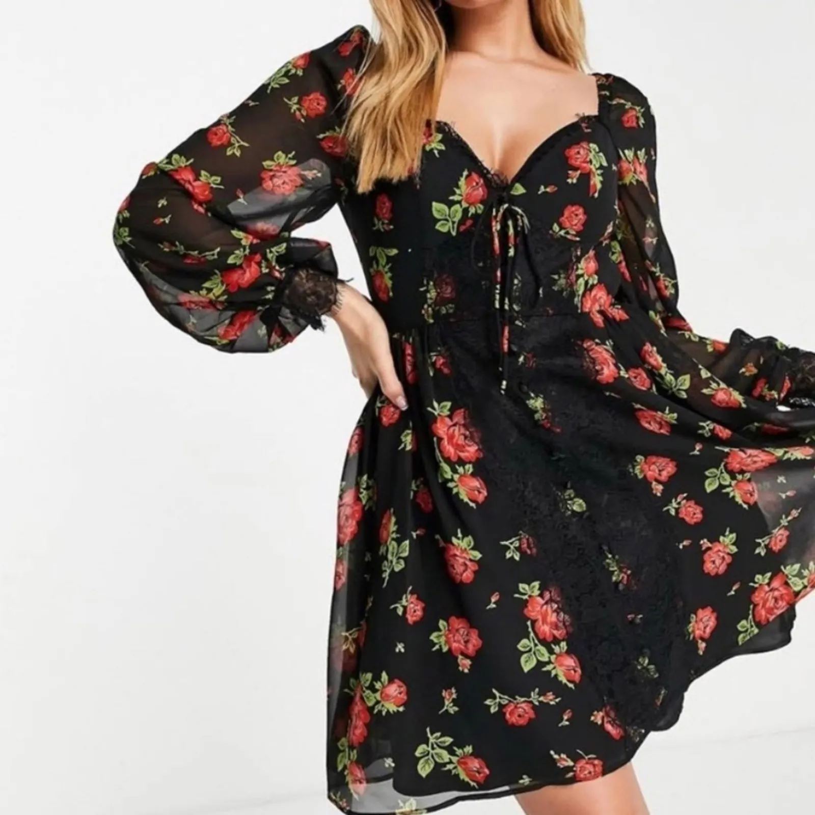 ASOS DESIGN Eyelash Lace Insert Skater Mini Dress - Rose Floral Size 6 - Image 2