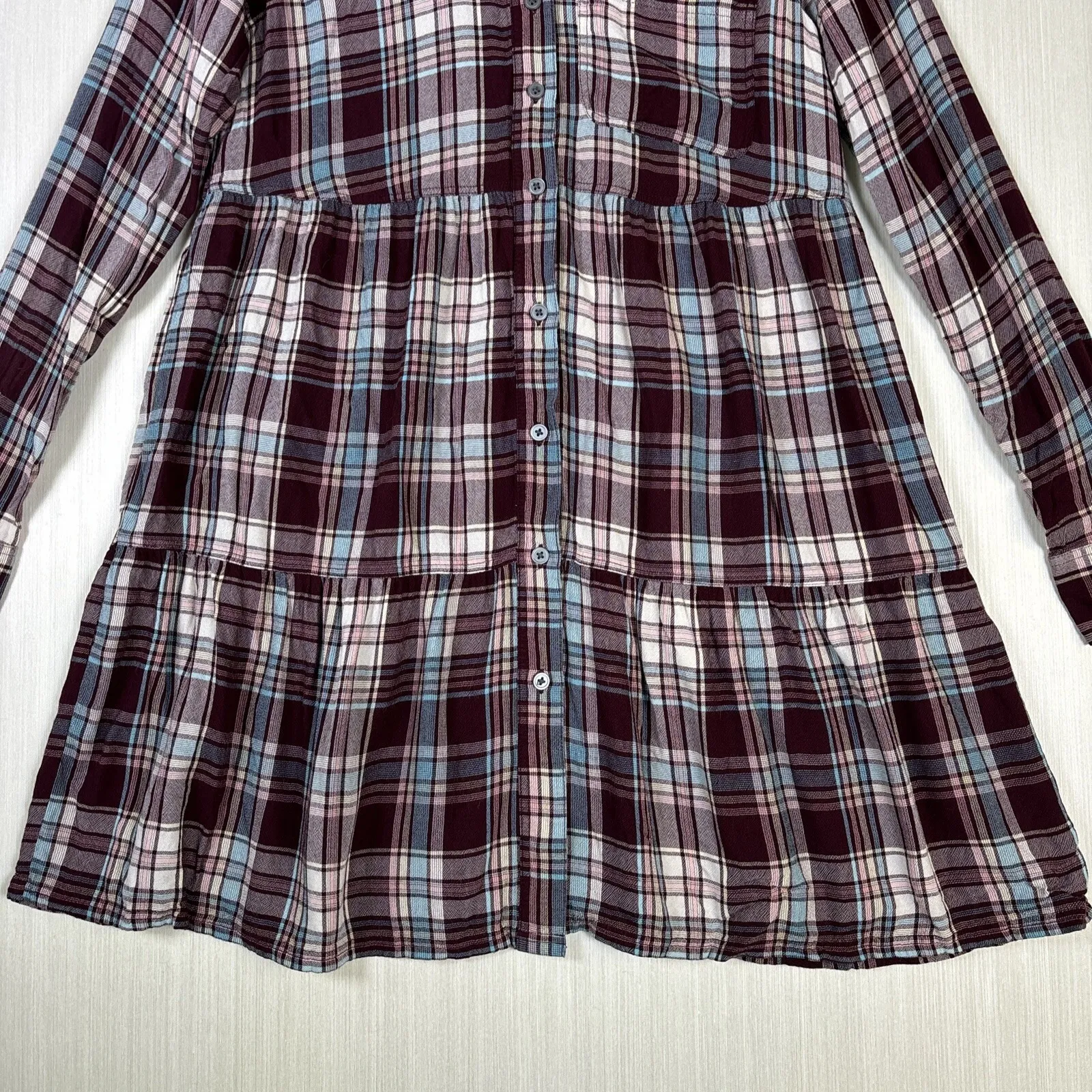 LOFT Ann Taylor Womens Dress Sz XS Shirt Style Button Up Tiered Purple Plaid - Image 3