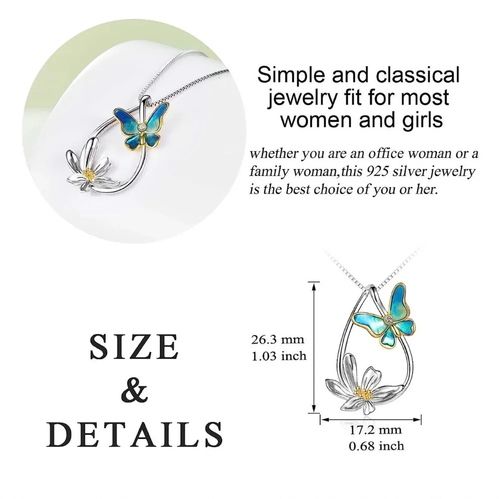 Butterfly Necklace Sterling Silver Teardrop Daisy Flower Butterfly Pendant - Image 5