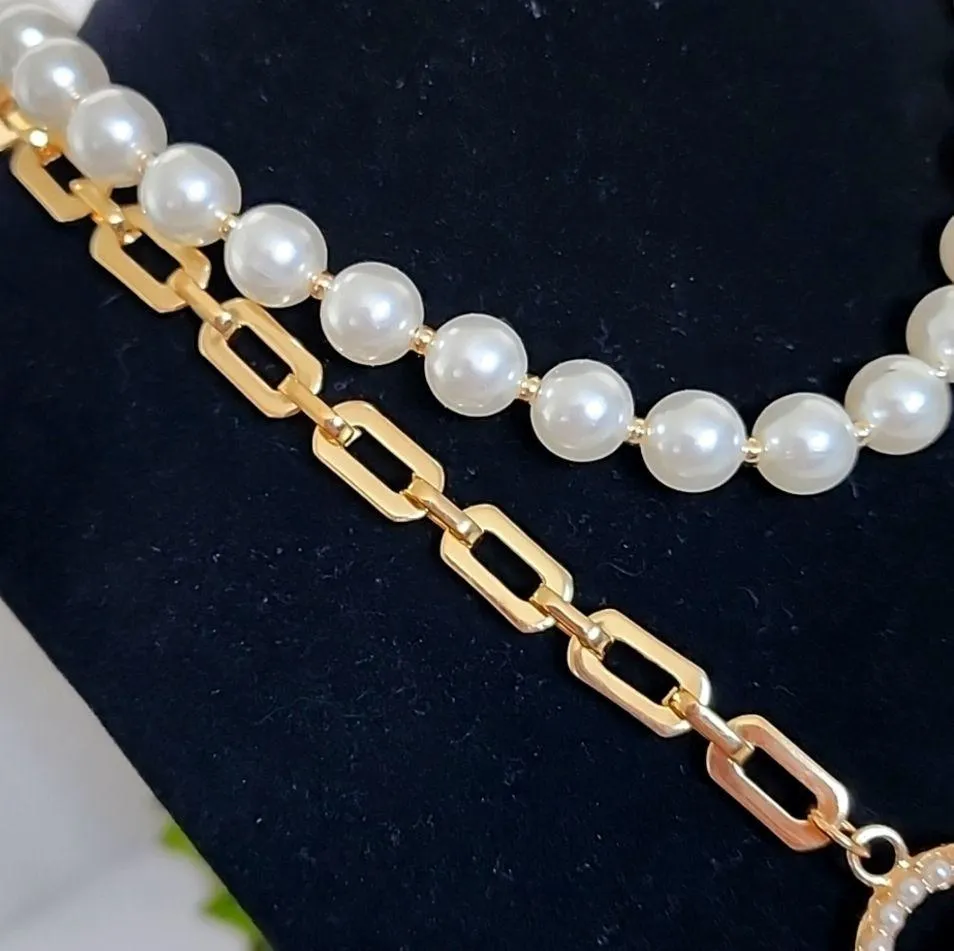 Elegant Double Chain Necklace Faux Pearls Flower Pendant Earrings Set New Gold - Image 6