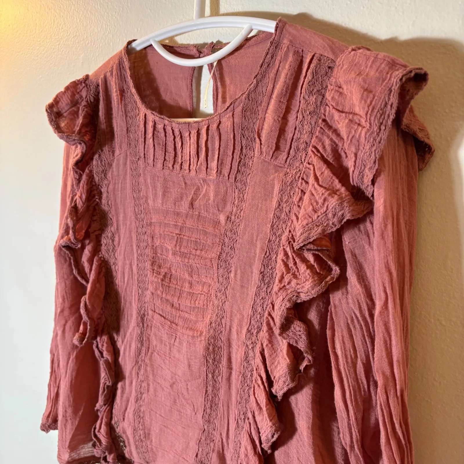 Free People Jasmine Ruffle Lace Boho Peasant Gauzy Victorian Cotton Blouse M - Image 3