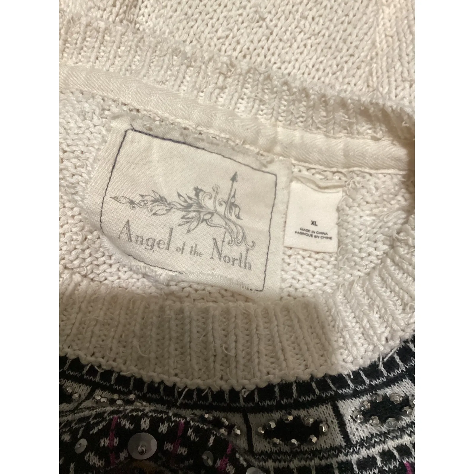 Angel of the North Cream Cable Knit Embellished Pullover Sweater XL Black - Image 5