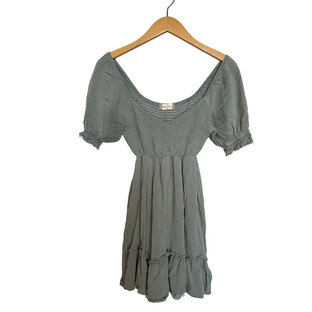 Altar’d State Women’s Green Smocked Mini Dress Size S Puff Sleeve Tiered Skirt - Image 2