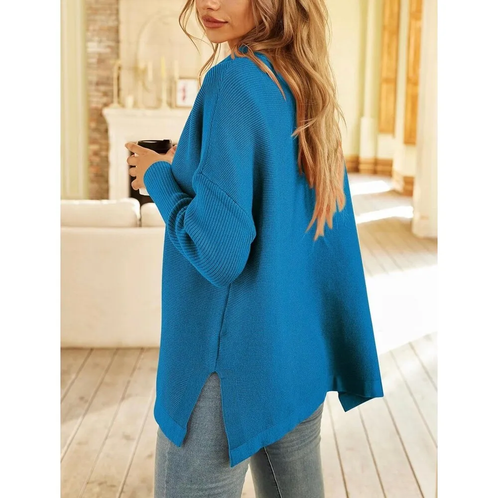 Women's Mock Turtleneck Sweater Long Batwing Sleeve Split Hem (630) Blue Size XL - Image 5