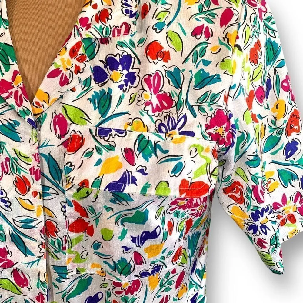 Vintage Notations Petite Shirt White Multicolored Lime Green Flower Button Up Size 12P - Image 2