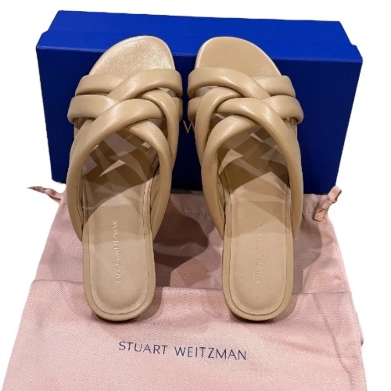 NEW Stuart Weitzman 7.5 Crossover Leather Slide Sandal Beige Tan Smooth Flat - Image 7