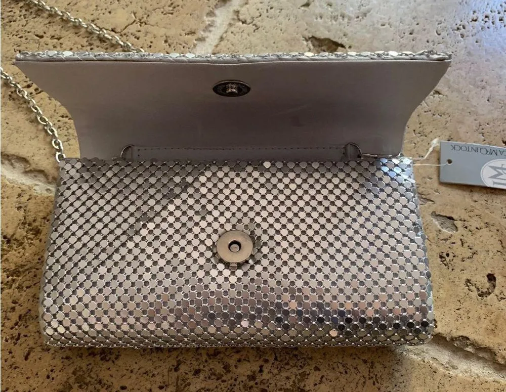 Jessica McClintock Metal Mesh Roll Bag Clutch Purse Crossbody Silver Chain - Image 8