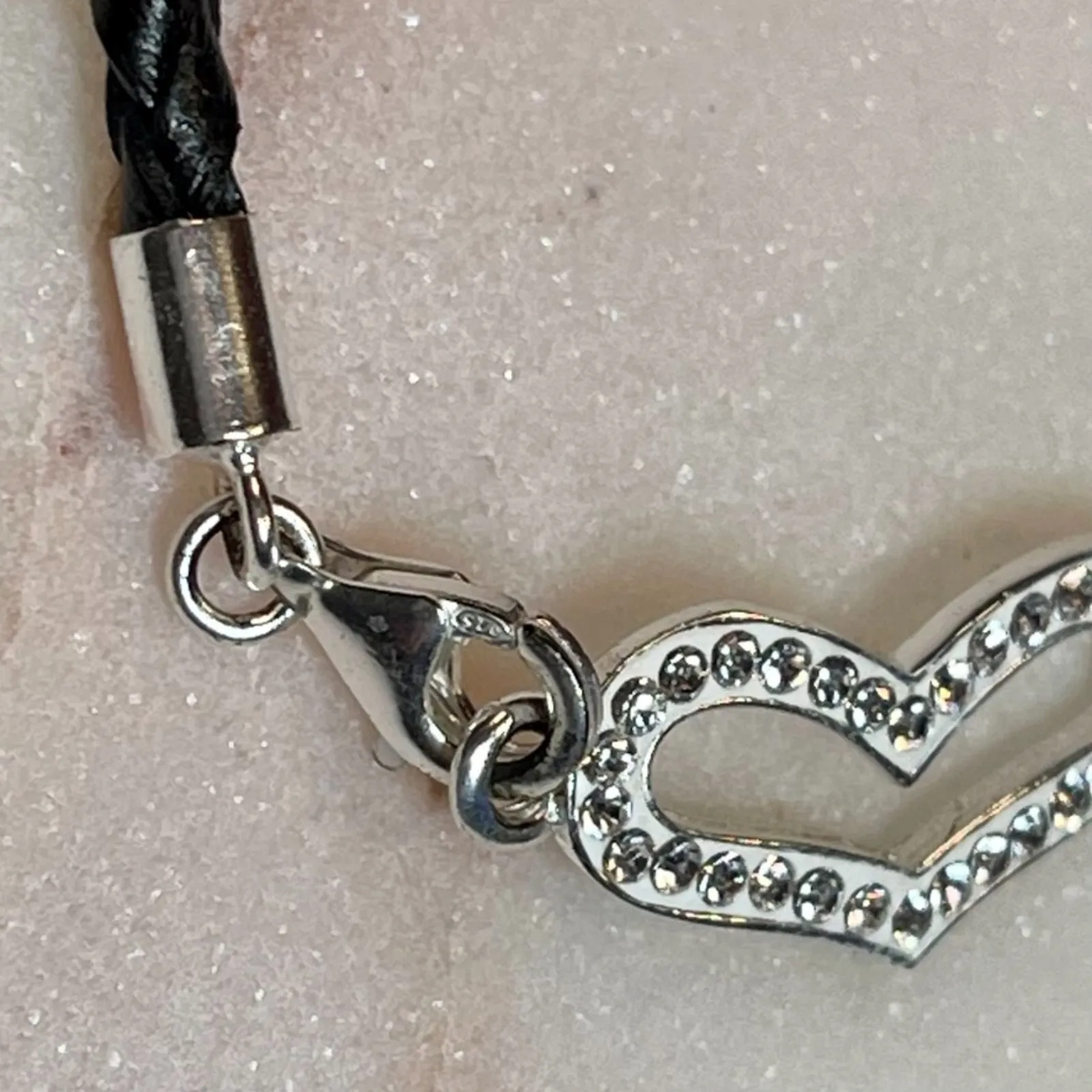 Y2K Sterling Silver and Crystal & Enamel Heart with Black Woven Cord Bra… - Image 5