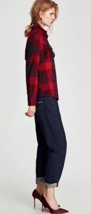 Red Fringe Plaid Flannel Button Down Shirt - Image 2