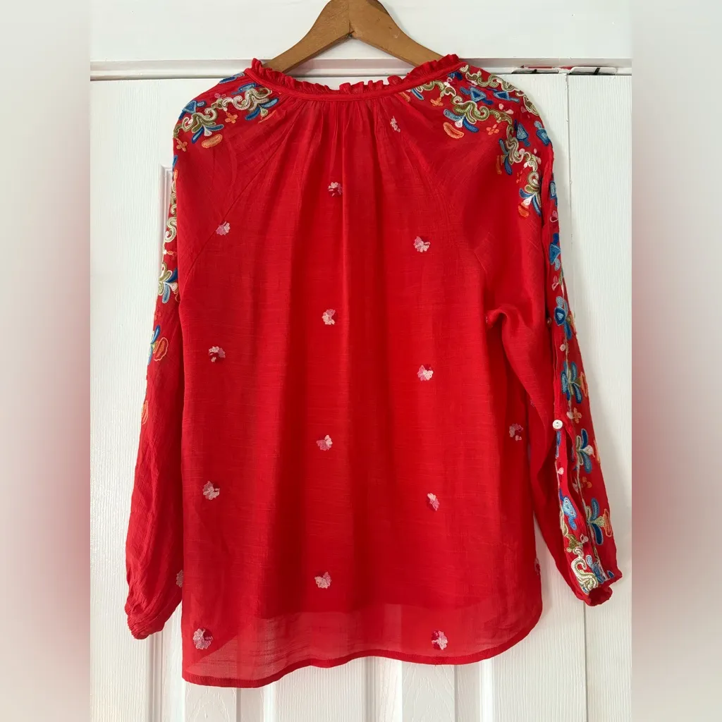 Anthropologie Fig and Flower Red Blouse with Colorful Embroidery Size Medium EUC - Image 2