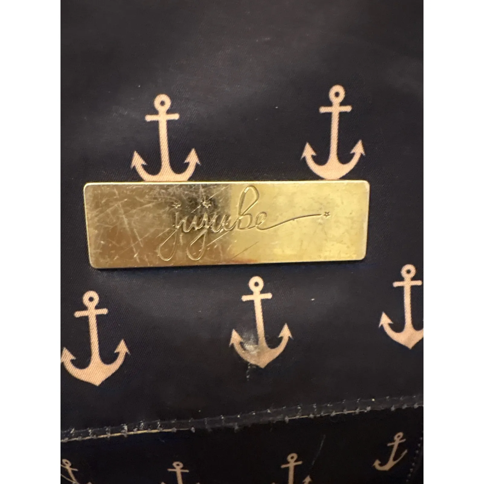 JuJuBe Navy Anchor Print Backpack Diaper Bag Gold Hardware Blue - Image 2