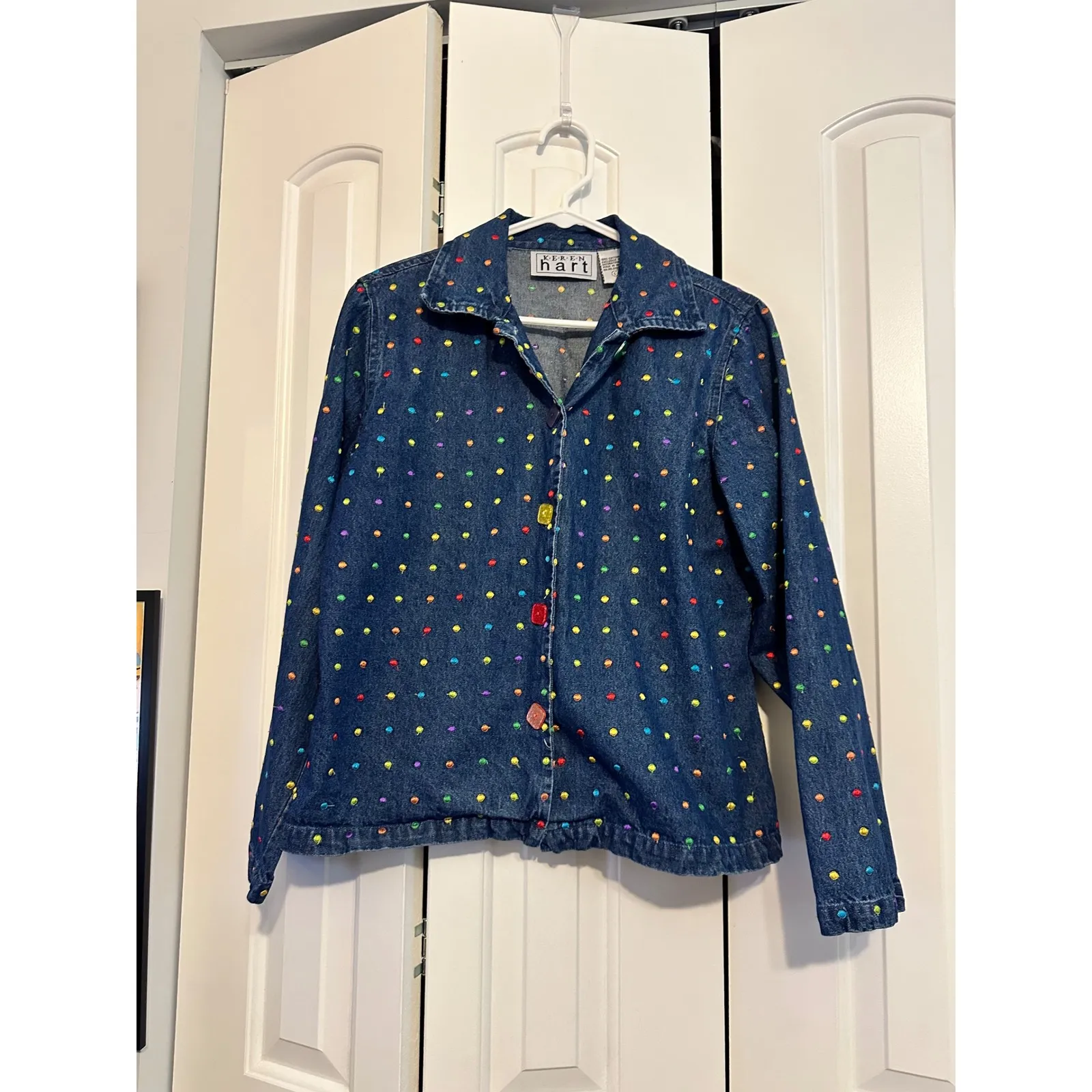 Keren Hart Denim Jacket Rainbow Polka Dot Square Button Up Jean‎ Top Large Blue - Image 3