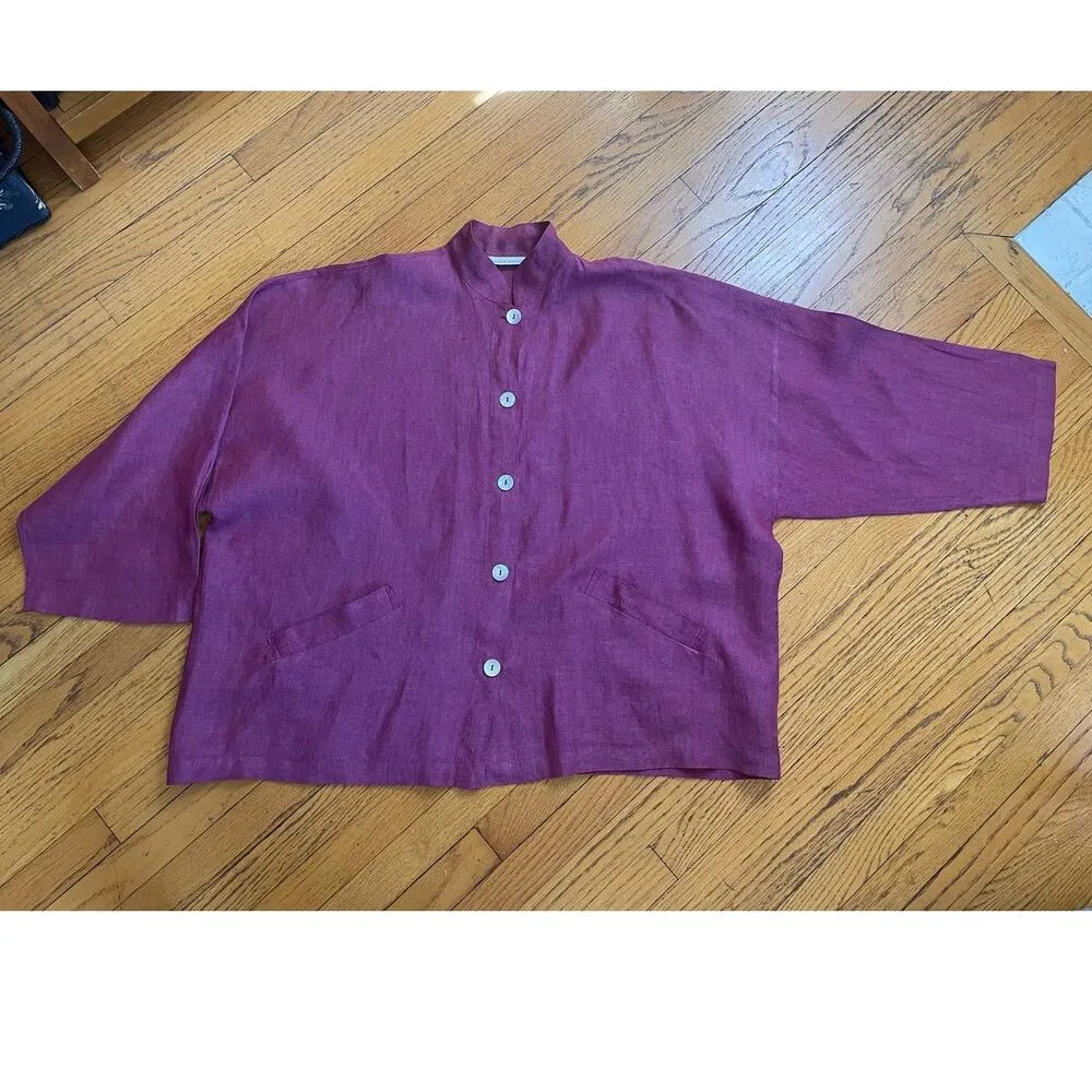 bryn WALKER 100% Linen Magenta Pink Relaxed Fit Standup Collar Blouse Size Small - Image 5