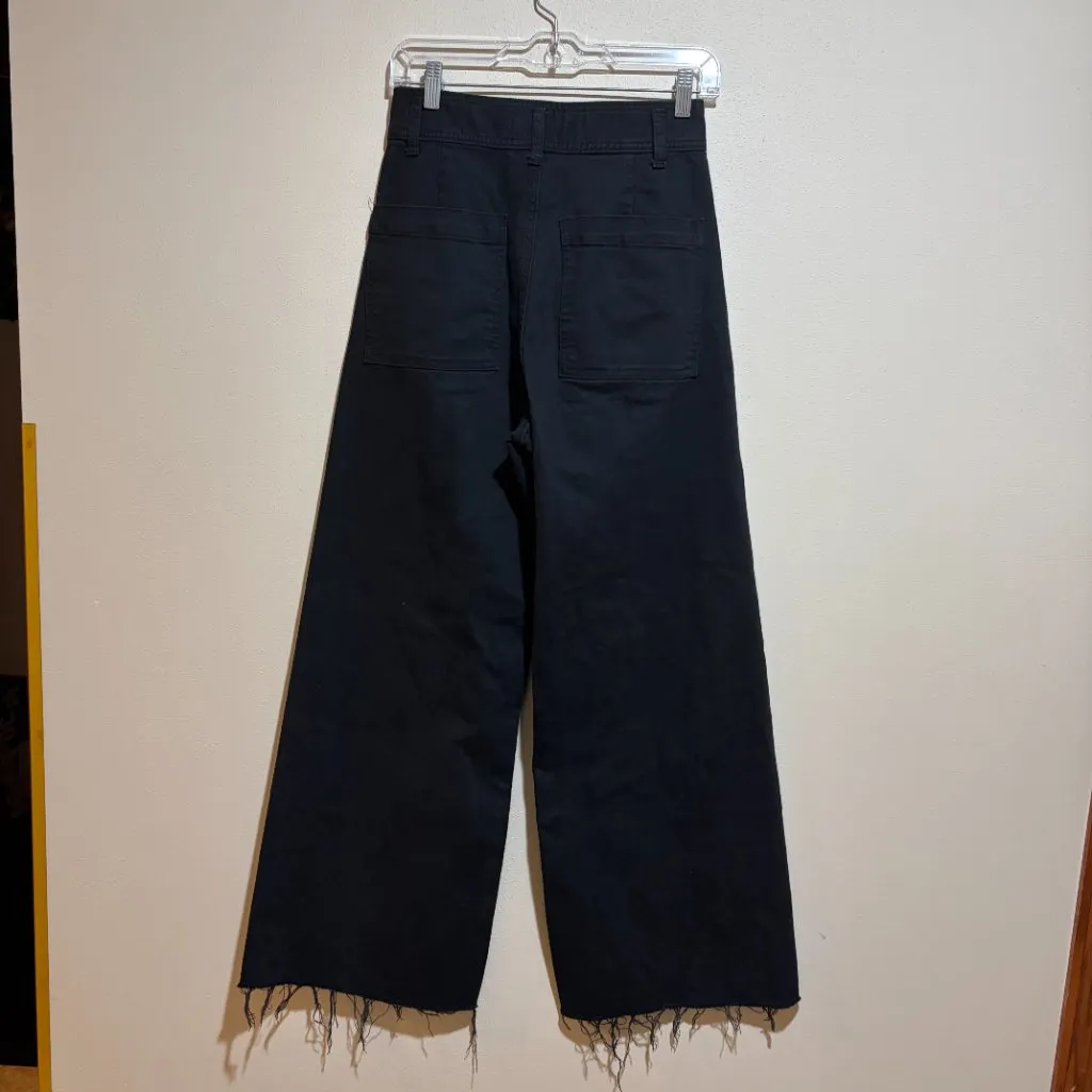 Zara Marine Straight Wide Leg Jeans Frayed Raw Hem Black High Waist - Image 8