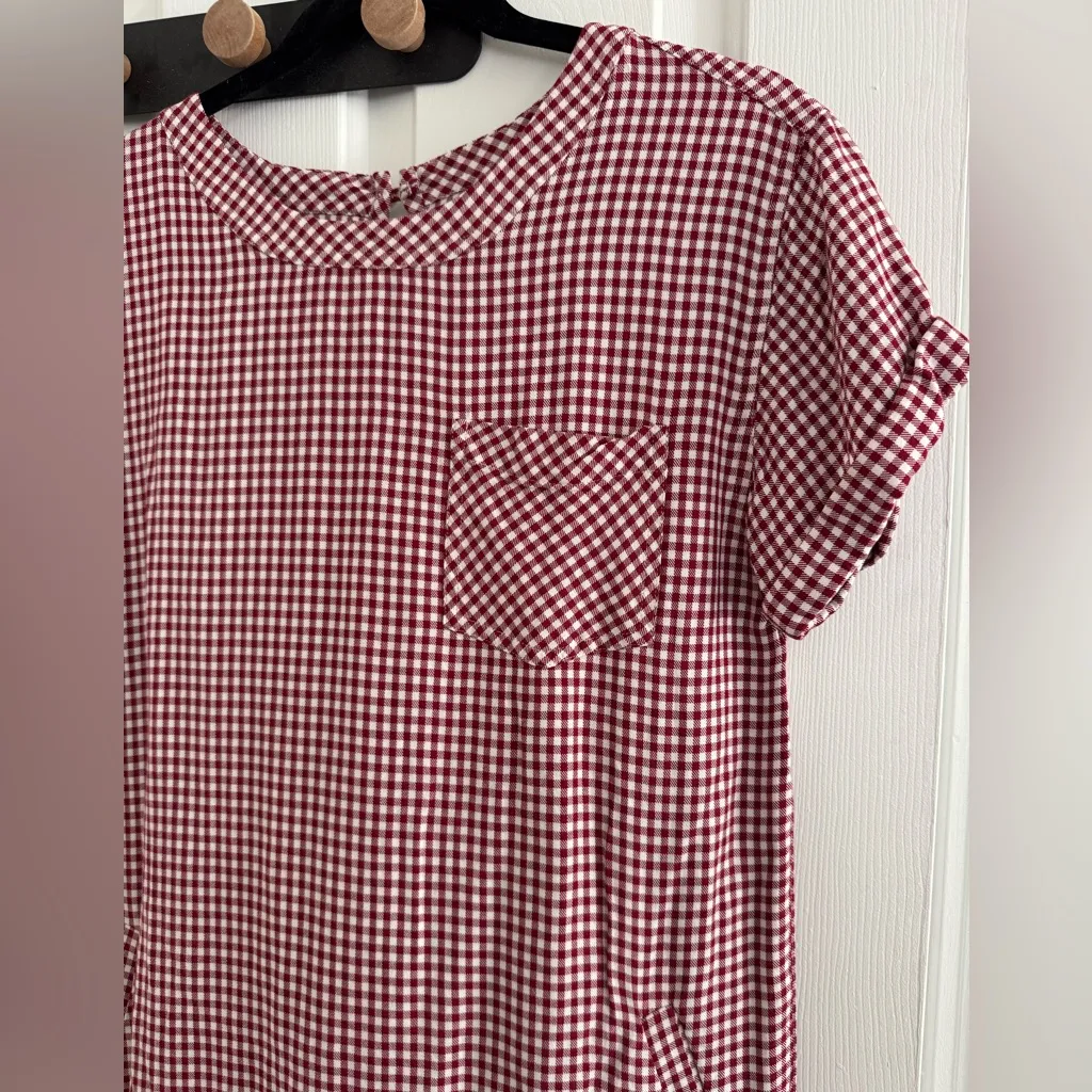 Madewell Gingham Maroon Red Checked Short Sleeve Dress with Pockets XS Viscose - Image 2