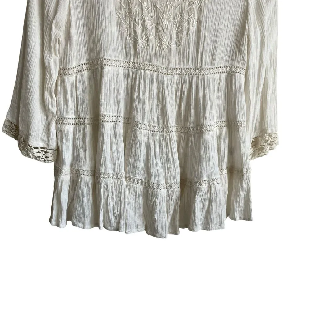 Japna Women Crop Top XS Ivory Embroidered Gauzy Crochet Inlet Boho Peasant Flowy - Image 5