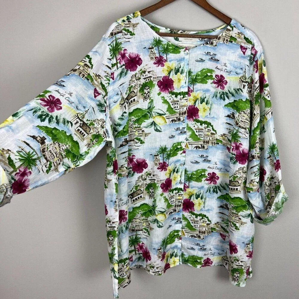 Cynthia Rowley Shirt 3X The Amalfi Coast Print Linen Collar Button Down Colorful - Image 4