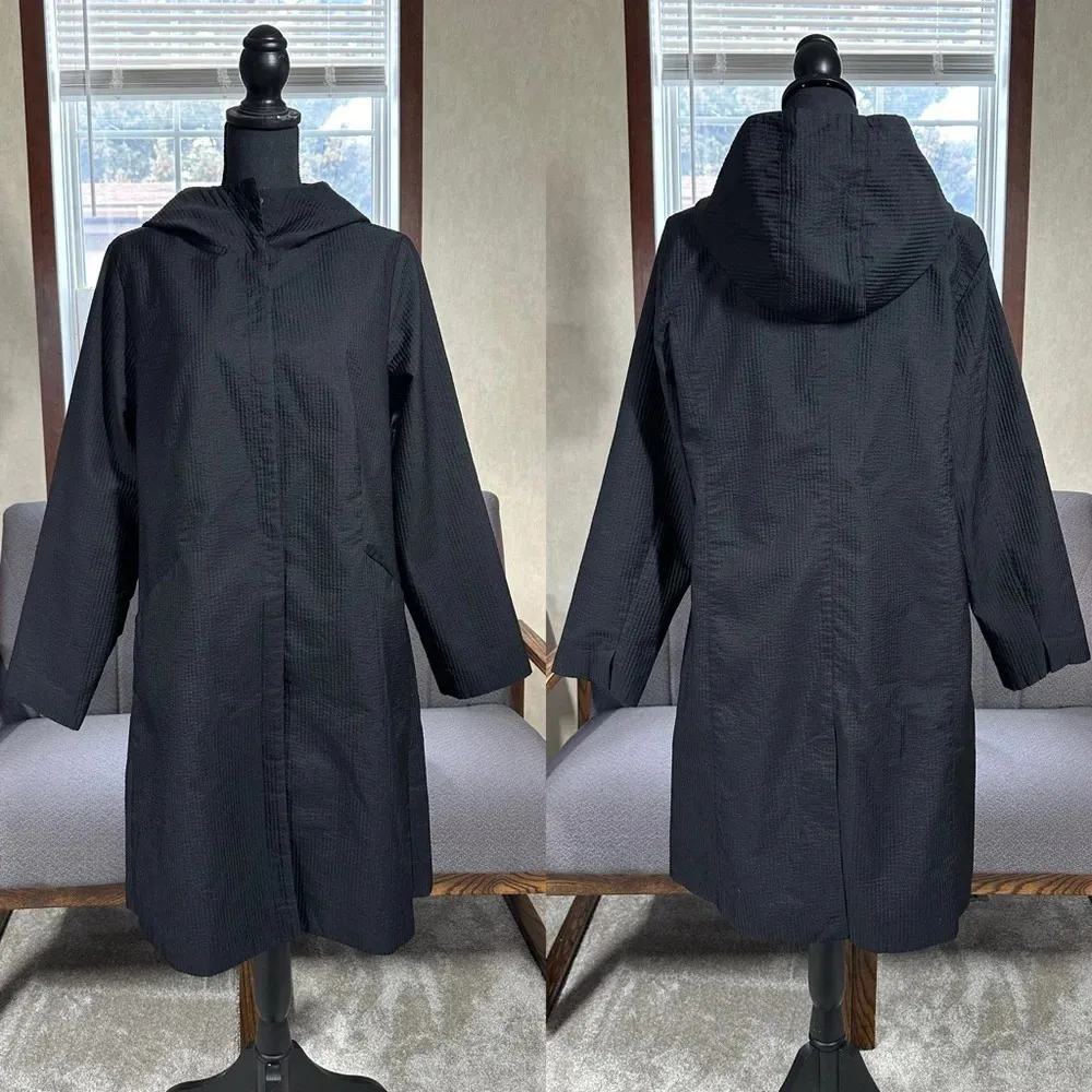 Eileen Fisher Channeled Rainwear Trench Long Line Jacket Coat Hooded Black M - Image 3