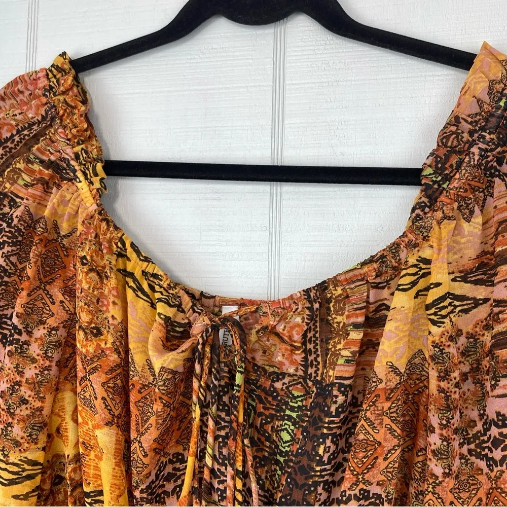 Live 4 Truth Orange Brown Mixed Pattern Peasant Top Balloon Sleeves Peplum Waist - Image 2